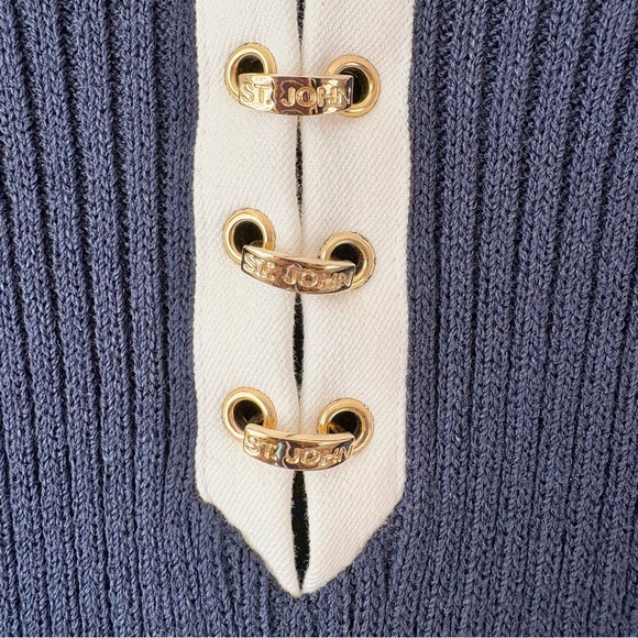 St John Sport Navy Blue Ribbed White Collar Nautical Sweater - Picture 3 of 7